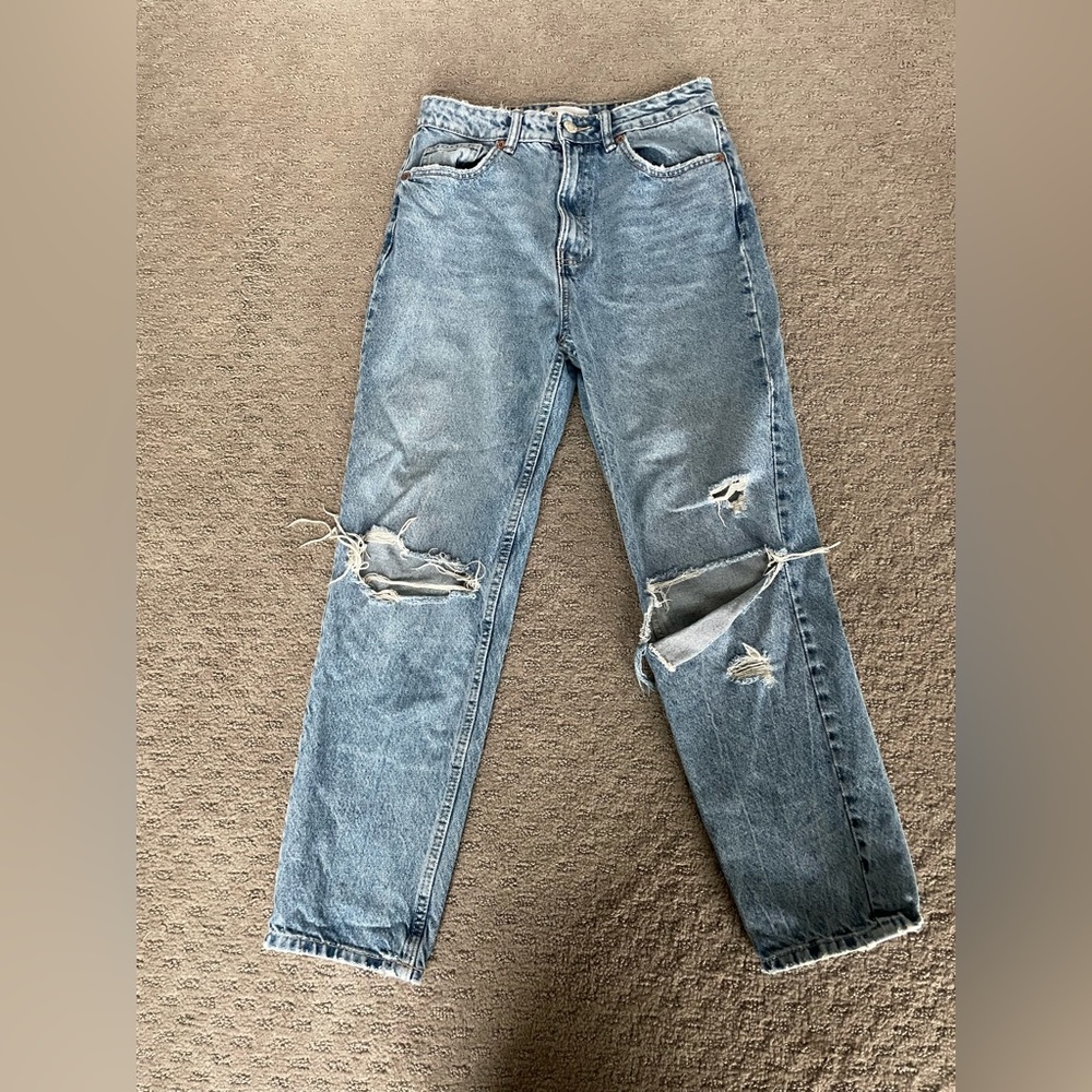 Zara Distressed High Rise Straight Leg Jeans